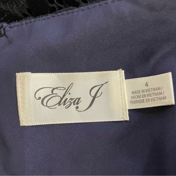 Eliza J Black Blue Burnout Velvet Lace Bell‎ Sleeve Fit and Flare Dress Size 4 - Picture 14 of 14